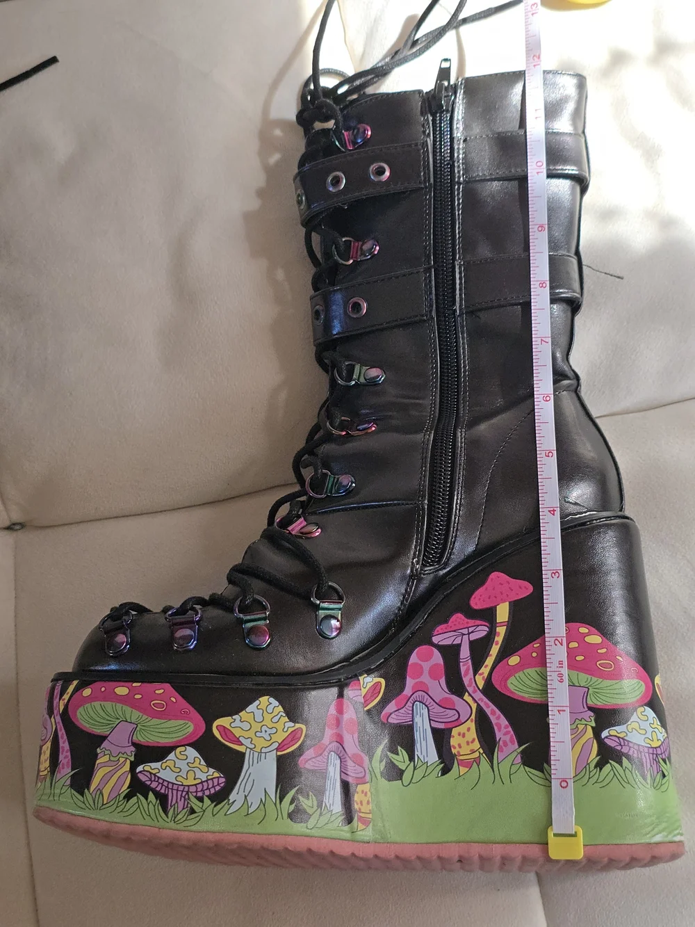 Black Platform Lace-Up Boots with Neon Mushroom Print
